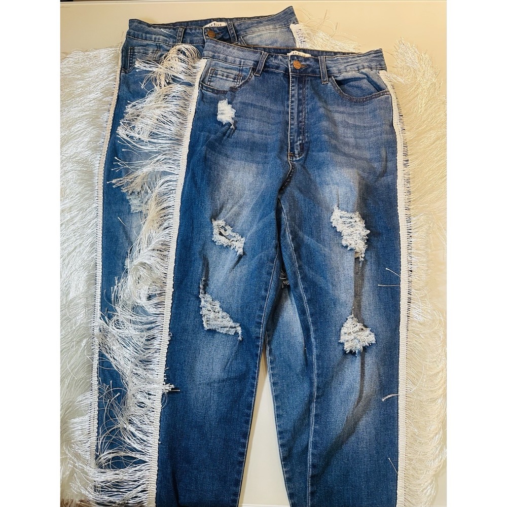 Lot 2 Aphrodite Jeans AP Blue High Waisted Skinny Distressed Fringe Seam Sz 13